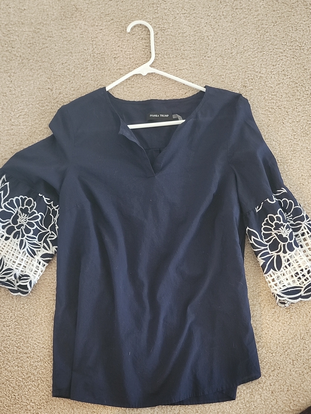 Ivanka Trump Navy Top with White Floral Crochet Sleeves